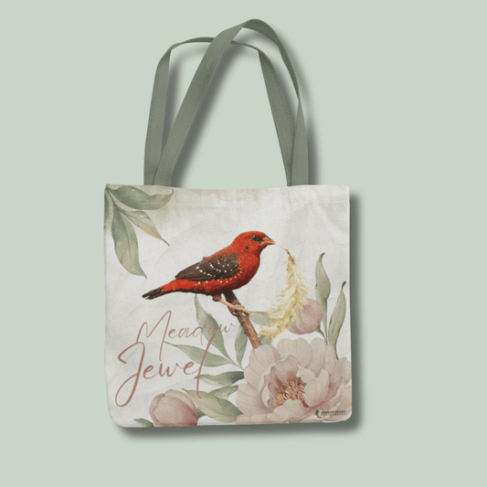 Tucktribe Tote bag with a red munia bird and floral design on a light green background