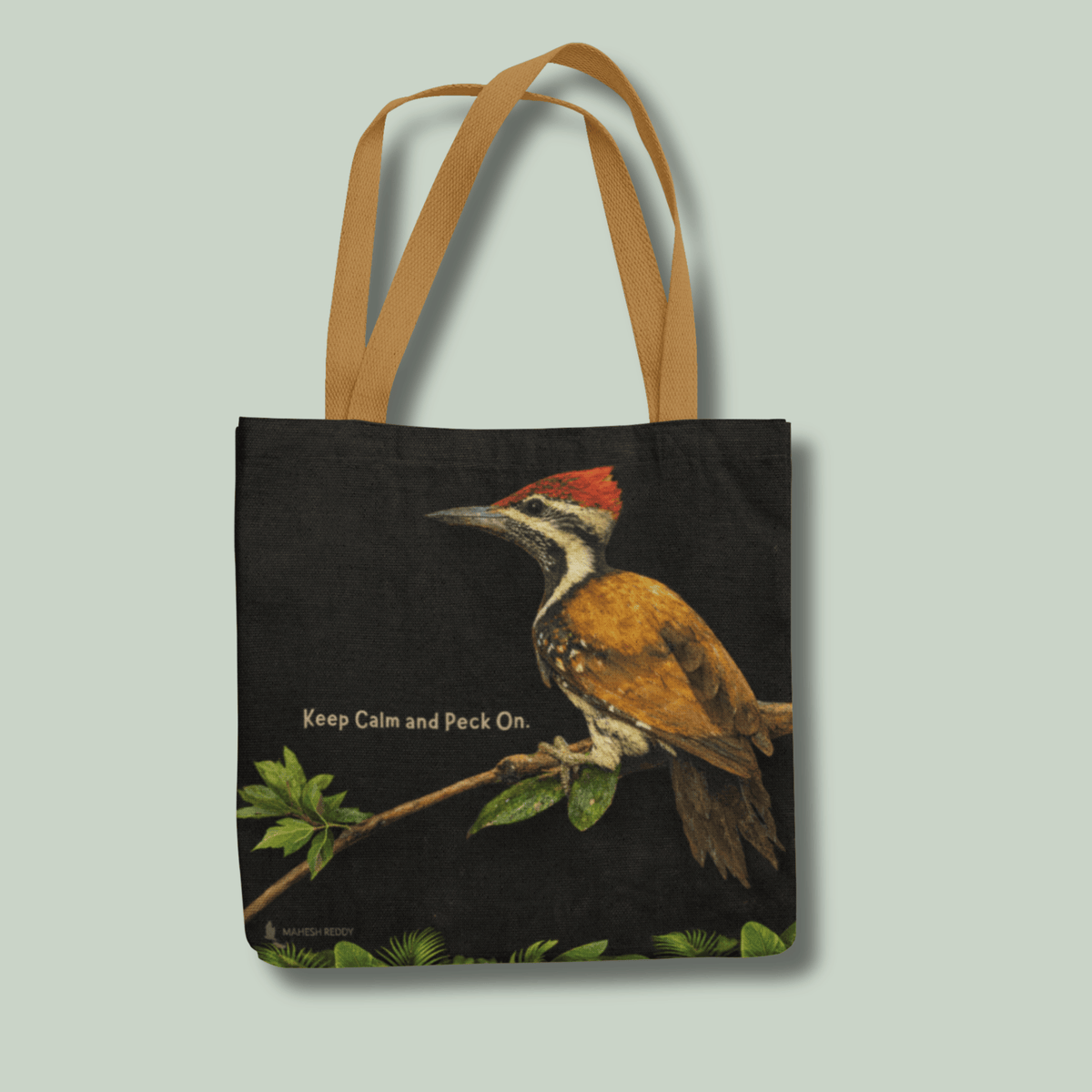 TucktribeTote bag with a flameback woodpecker design and text on a light gray background
