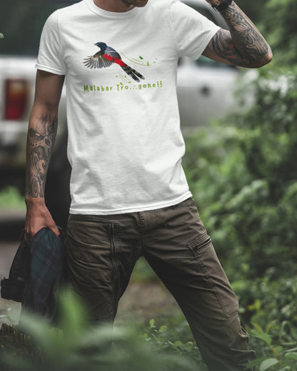 Person wearing a white t-shirt with a graphic design and text, standing outdoors.