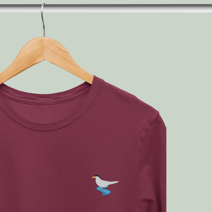 Maroon Supima cotton t-shirt with embroidered River Tern bird design by Tucktribe