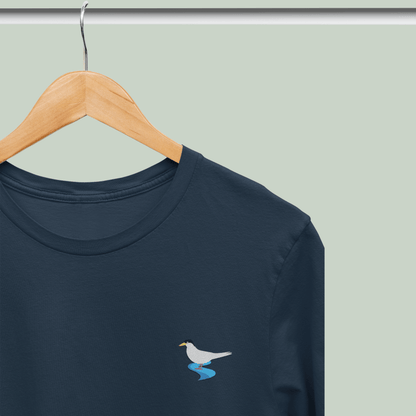 Navy blue Supima cotton t-shirt with embroidered River Tern bird design by Tucktribe