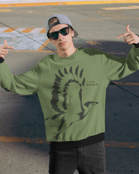 Man wearing a Forest green Minimalist osprey in flight wildlife artwork featured on a premium unisex sweatshirt.