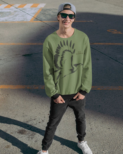 Man wearing a Forest green tucktribe Minimalist osprey in flight wildlife artwork featured on a premium unisex sweatshirt
