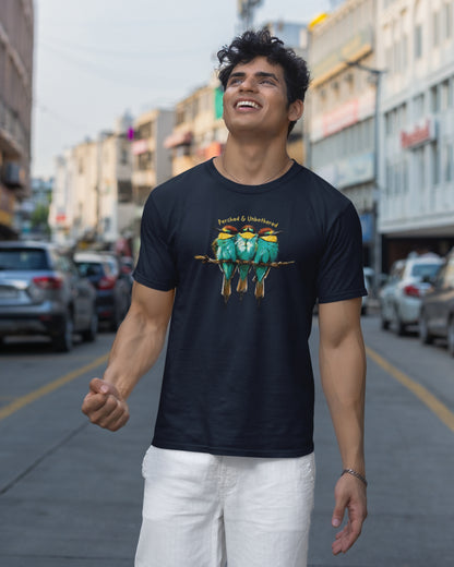 Man wearing a navyblue tucktribe Bee-Eater unisex T-shirt featuring colourful bird wildlife artwork inspired by Rashmi Dsouza