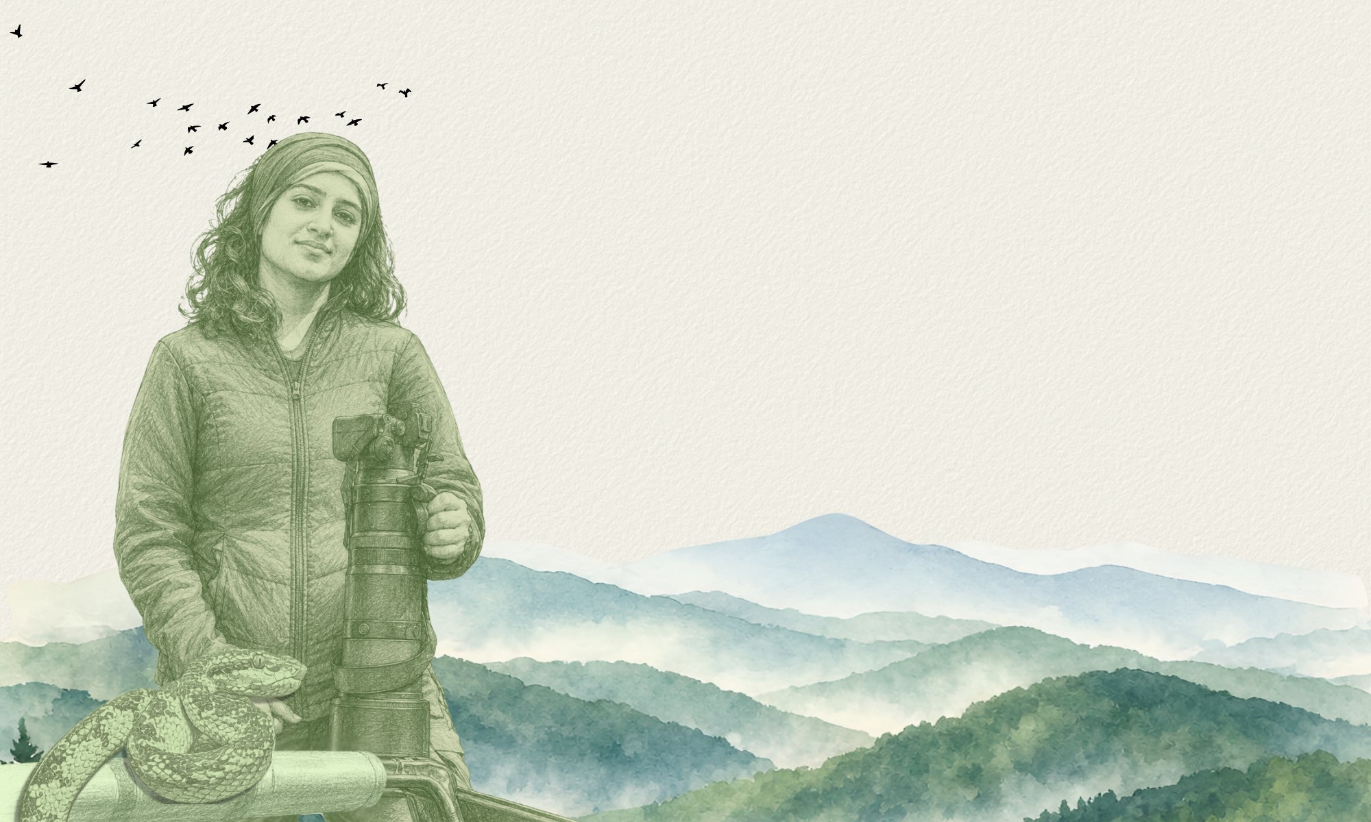 A woman in outdoor gear stands on a railing overlooking misty mountain ranges, with birds flying in the upper left. The scene has a soft, illustrated or watercolor-like treatment with muted green, blue, and beige tones.