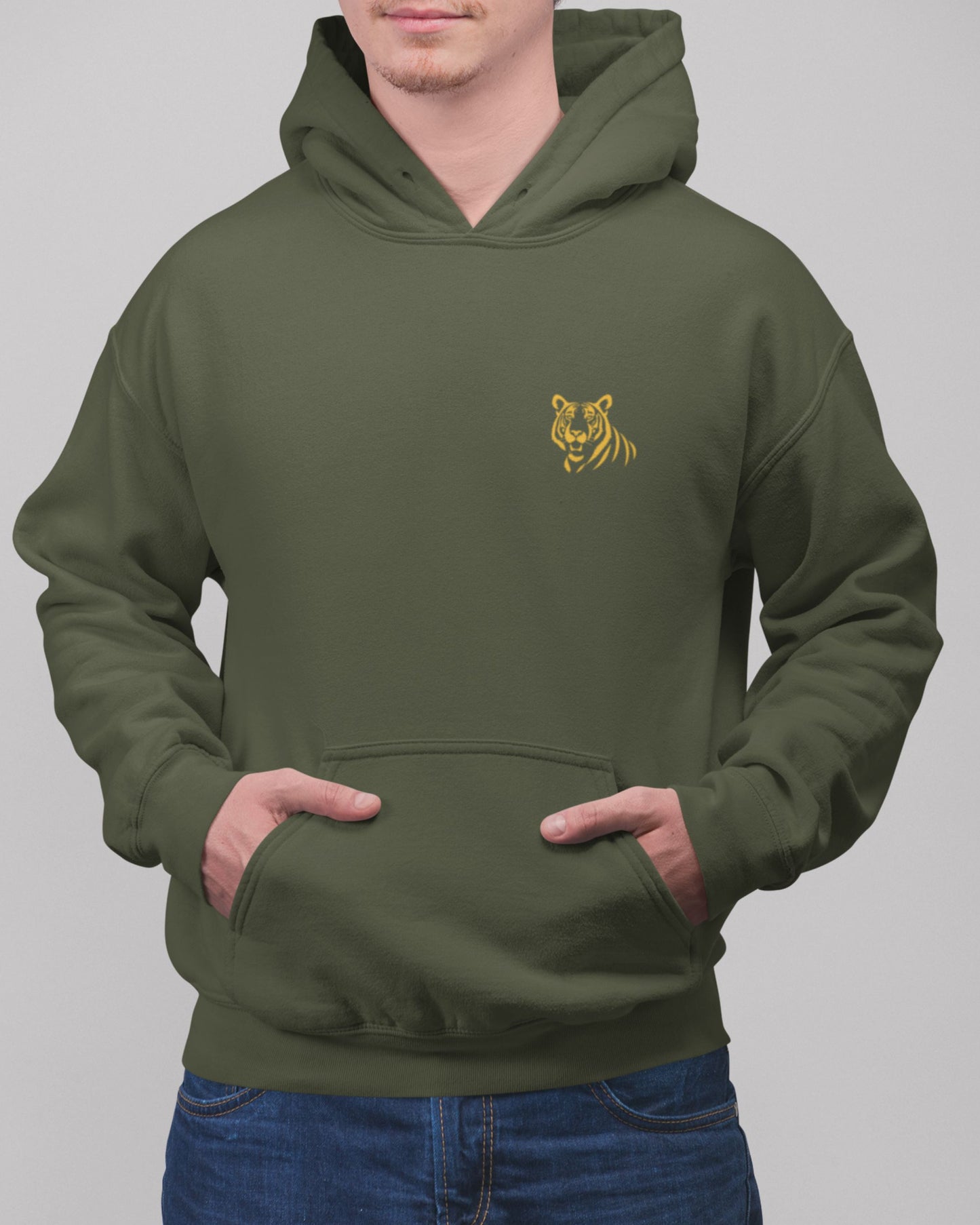 Minimal embroidered tiger embroidery on premium Tucktribe olive green unisex hoodie