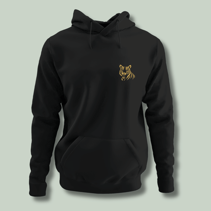 mockup of a Minimal embroidered tiger embroidery on premium Tucktribe Black unisex hoodie