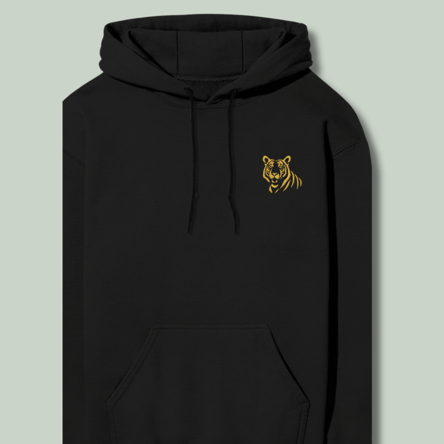 closeup of a Minimal embroidered tiger embroidery on premium Tucktribe black unisex hoodie