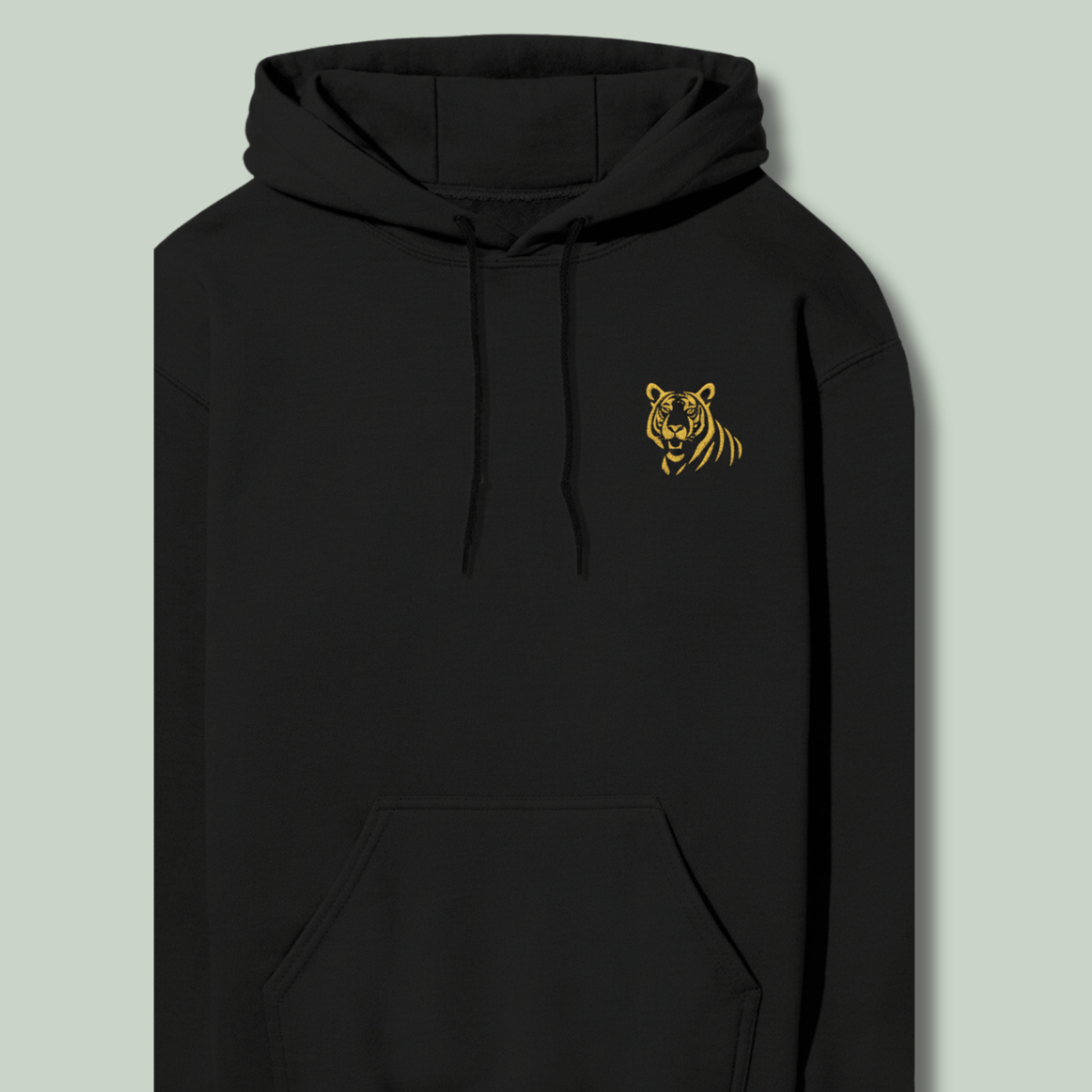 closeup of a Minimal embroidered tiger embroidery on premium Tucktribe black unisex hoodie