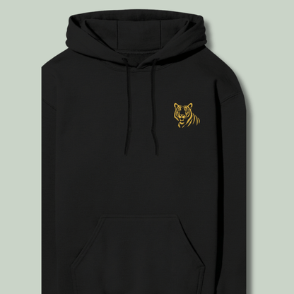 closeup of a Minimal embroidered tiger embroidery on premium Tucktribe black unisex hoodie