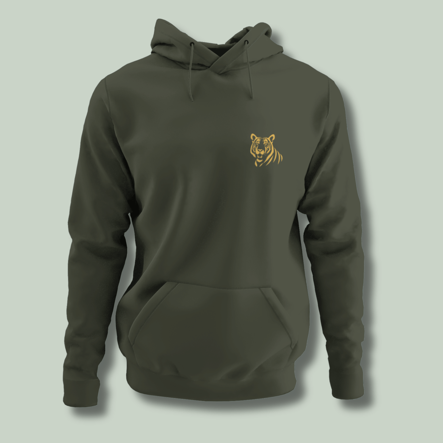 mockup of a Minimal embroidered tiger embroidery on premium Tucktribe olive green unisex hoodie