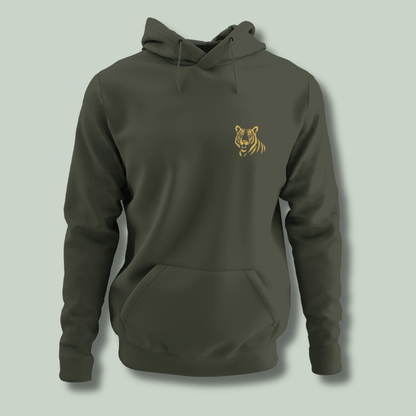 mockup of a Minimal embroidered tiger embroidery on premium Tucktribe olive green unisex hoodie