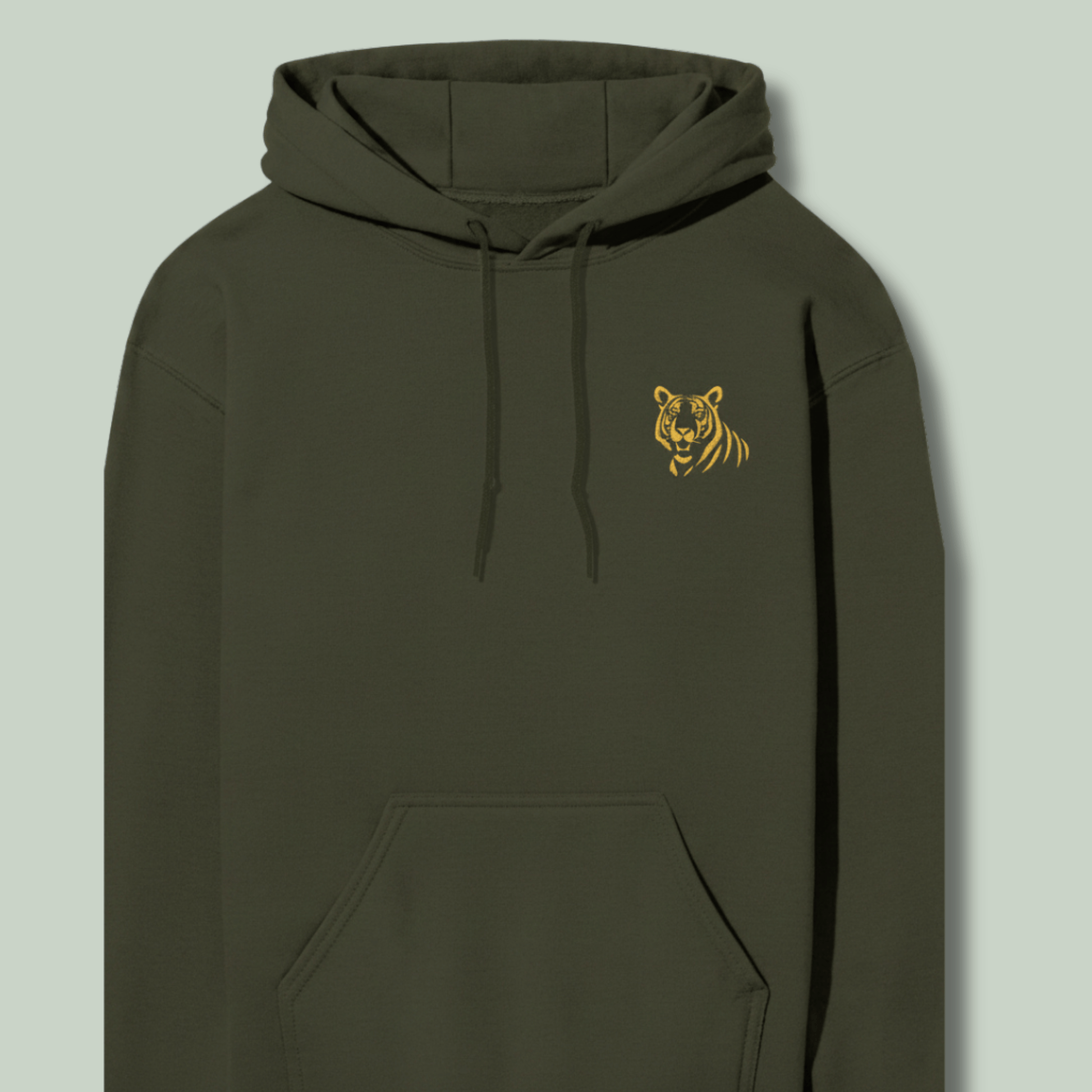 closeup mockup of a Minimal embroidered tiger embroidery on premium Tucktribe olive green unisex hoodie