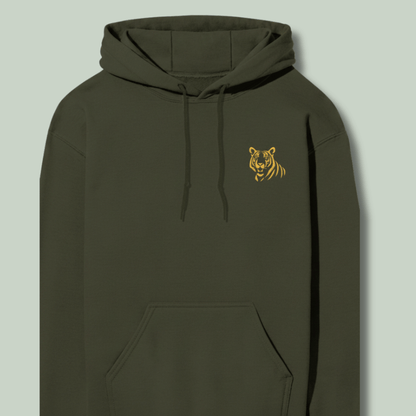 closeup mockup of a Minimal embroidered tiger embroidery on premium Tucktribe olive green unisex hoodie