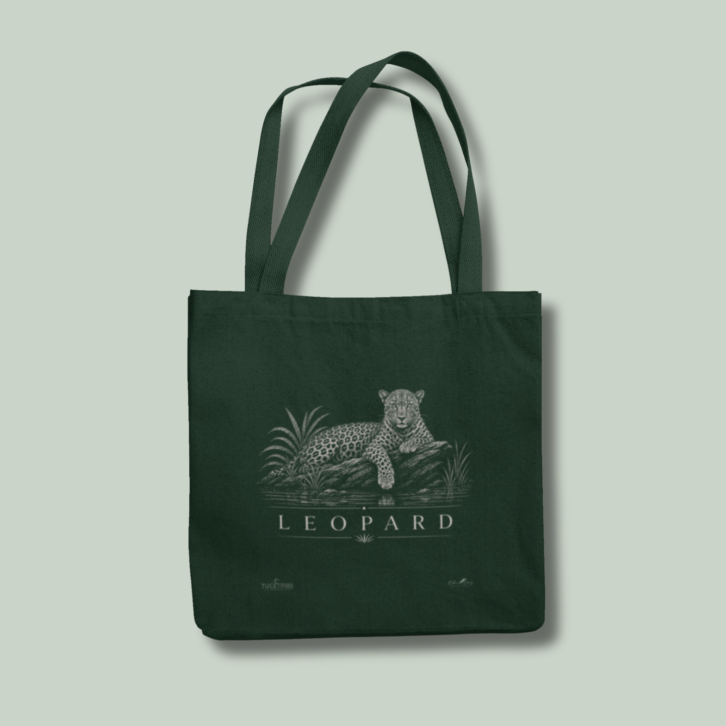 Forest Green tucktribe leopard wildlife tote bag featuring a detailed leopard illustration inspired by wildlife photography