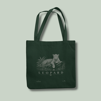 Forest Green tucktribe leopard wildlife tote bag featuring a detailed leopard illustration inspired by wildlife photography