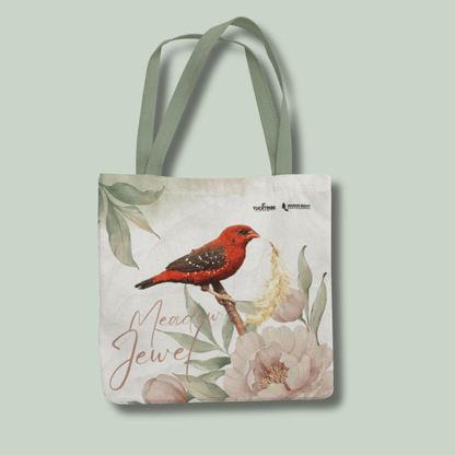 Tucktribe Tote bag with a red munia bird and floral design on a light green background
