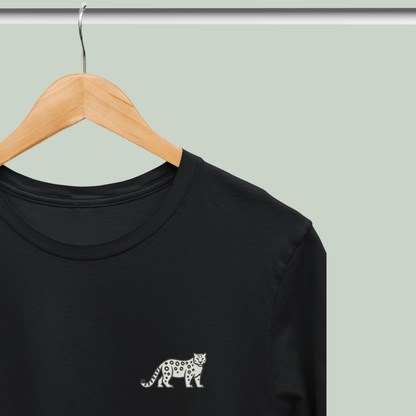 Black cotton stretch t-shirt with embroidered Snow Leopard wildlife design by Tucktribe