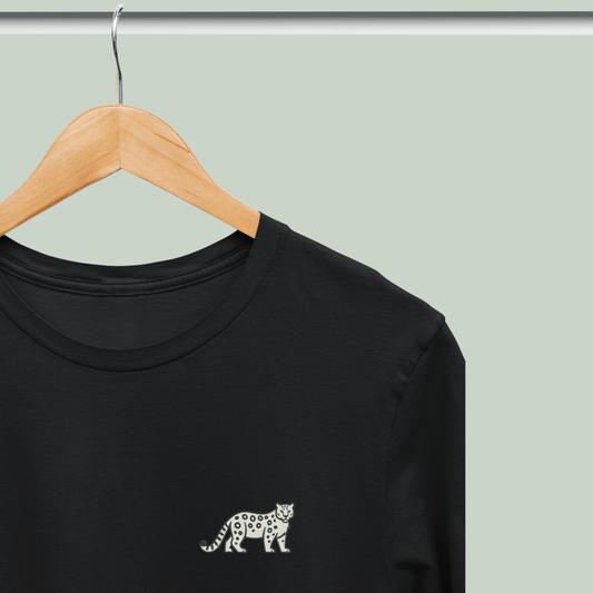Black cotton stretch t-shirt with embroidered Snow Leopard wildlife design by Tucktribe