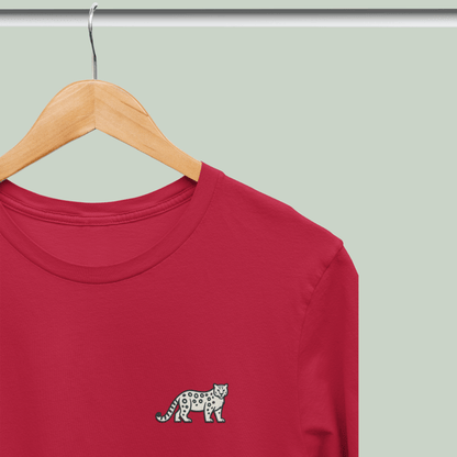 Red cotton stretch t-shirt with embroidered Snow Leopard wildlife design by Tucktribe