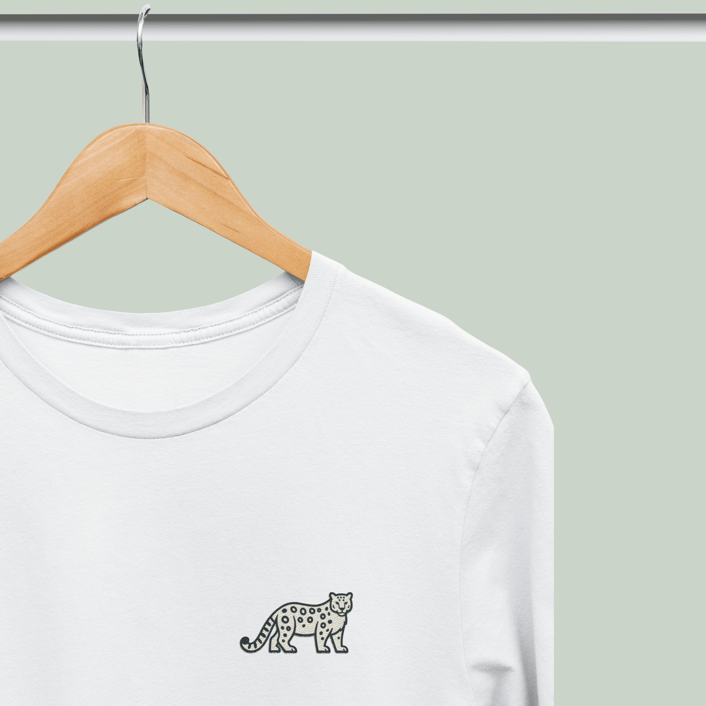 White cotton stretch t-shirt with embroidered Snow Leopard wildlife design by Tucktribe