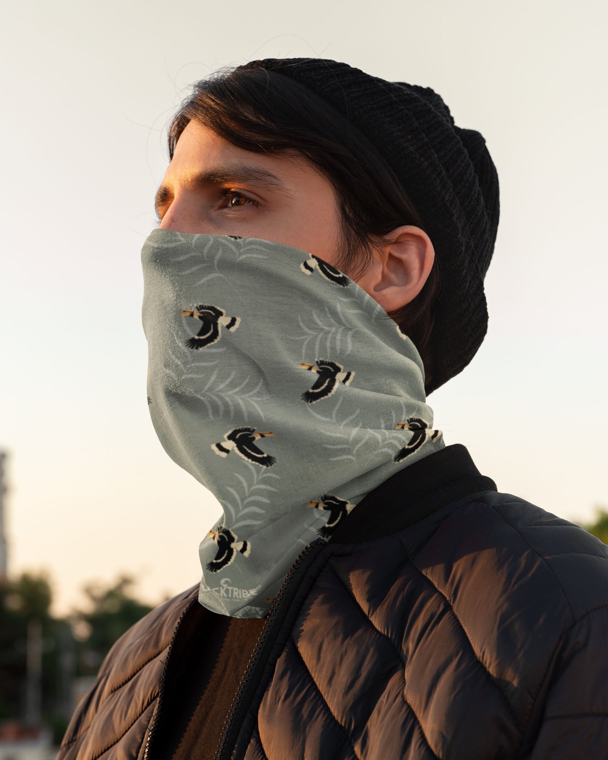 Man wearing a tucktribe hornbill birds wildlife neck gaiter