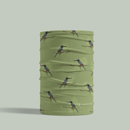 Green Tucktribe neck gaiter with collared aracari bird pattern on a light gray background