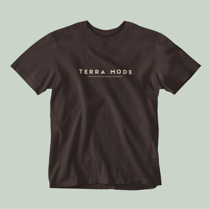 Tucktribe Brown t-shirt with 'Terra Mode' text on a light green background