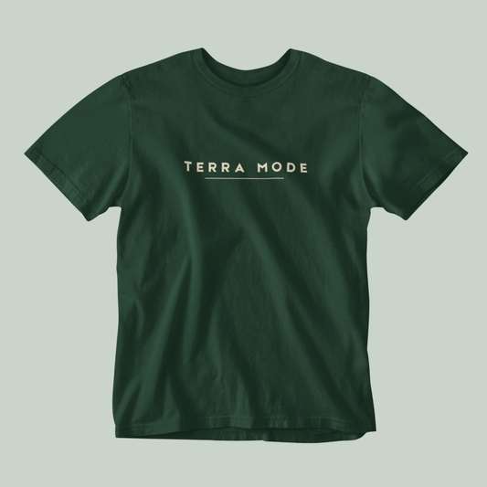 Tucktribe bottle Green t-shirt with 'Terra Mode' text on a light gray background