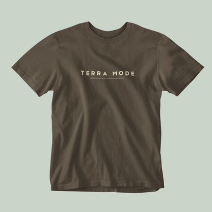 Tucktribe Brown t-shirt with 'Terra Mode' text on a light green background
