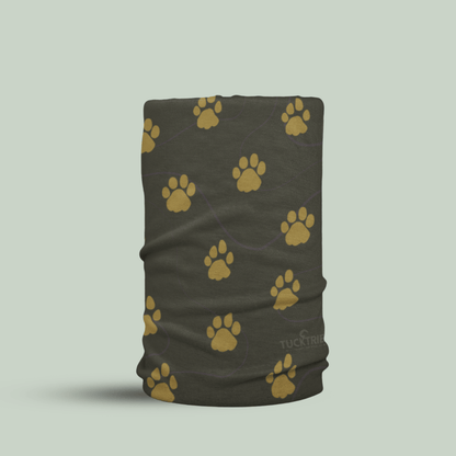 Deep Green Tucktribe Neck gaitor with male and famale tiger paw prints