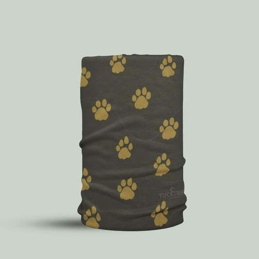 Deep Green Tucktribe Neck gaitor with male and famale tiger paw prints