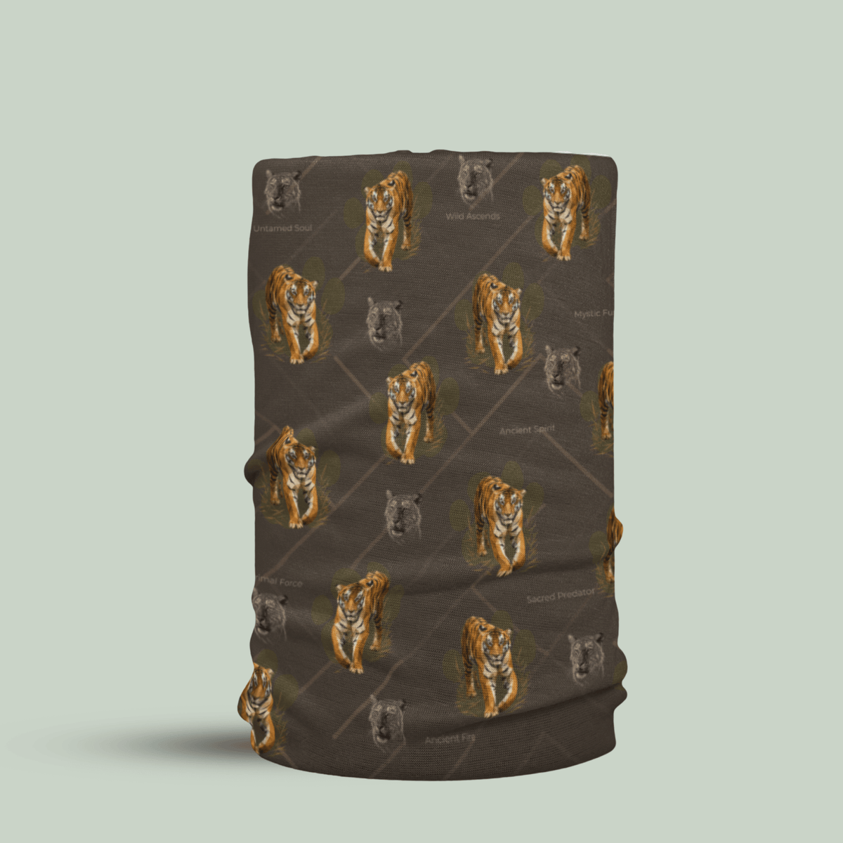 Tiger Spirit Neck Gaiter with repeating tiger and wildlife print