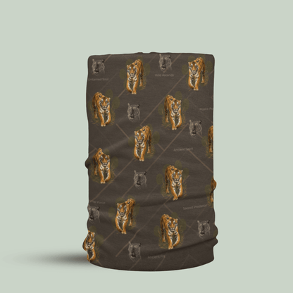Tiger Spirit Neck Gaiter with repeating tiger and wildlife print