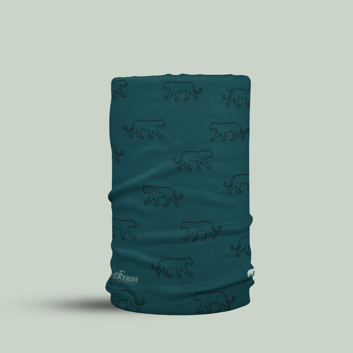 Tucktribe teal neck gaiter with animal pattern on a light gray background
