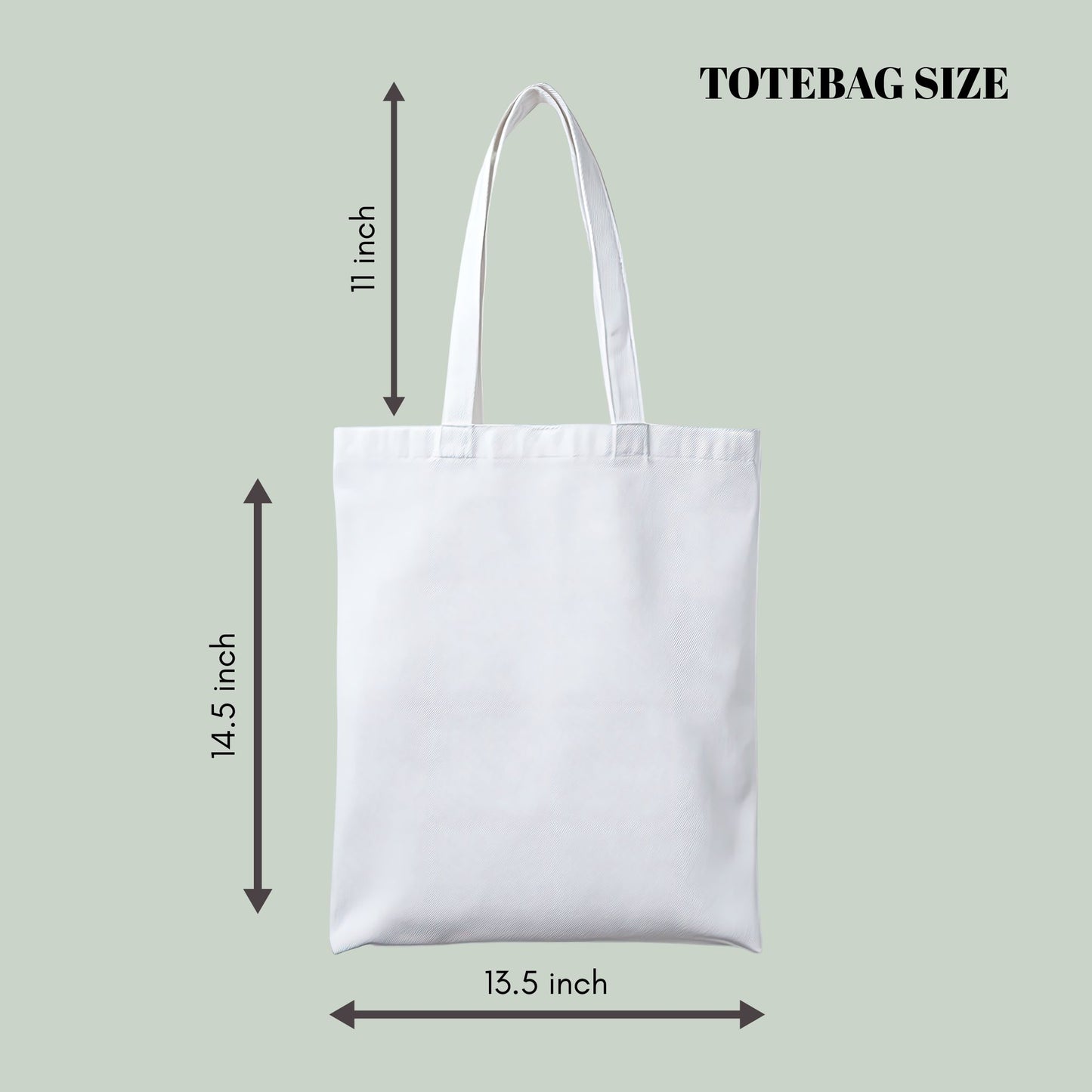 White  Tucktribe tote bag with dimensions on a light green background