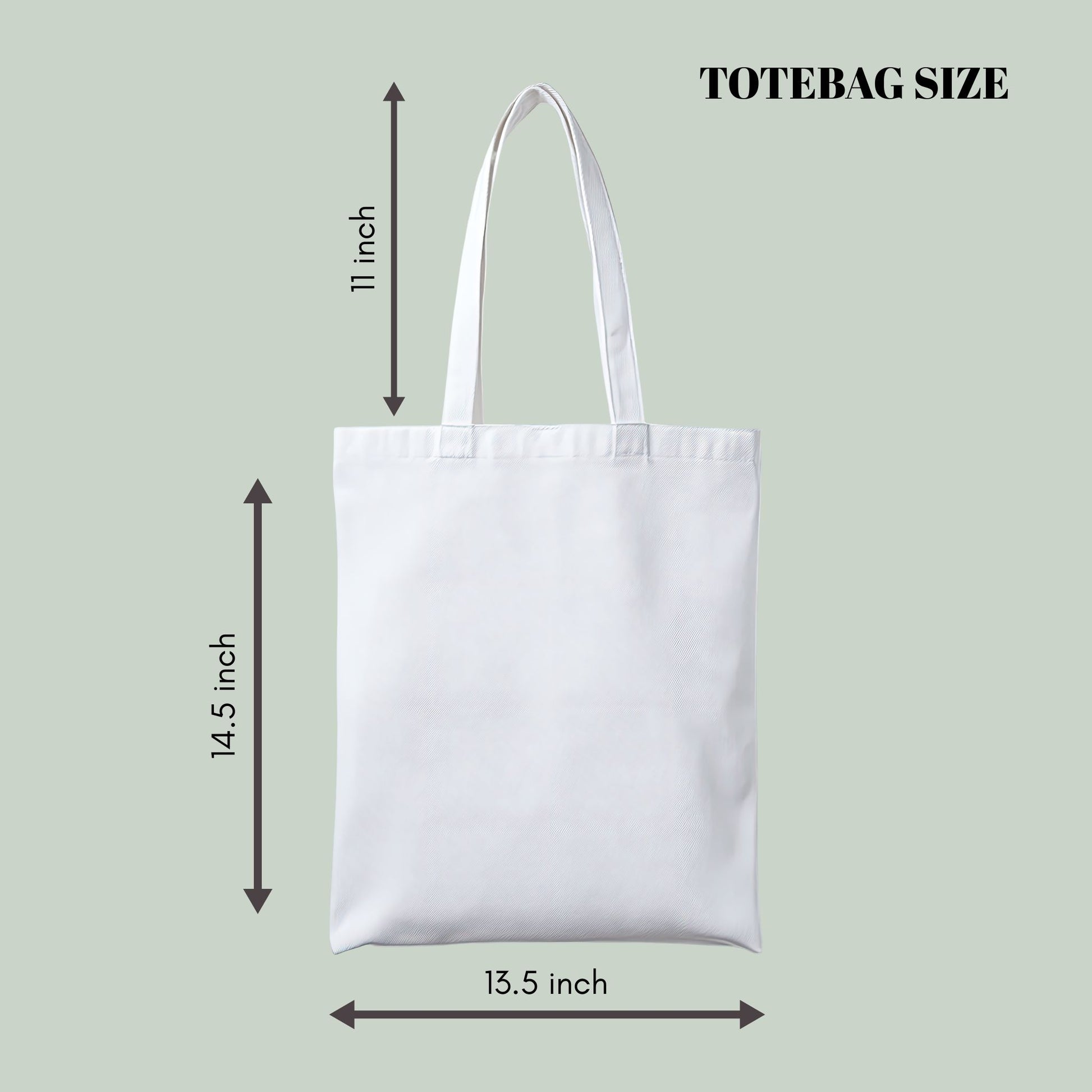 White  Tucktribe tote bag with dimensions on a light green background