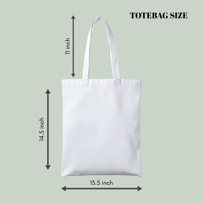 White  Tucktribe tote bag with dimensions on a light green background