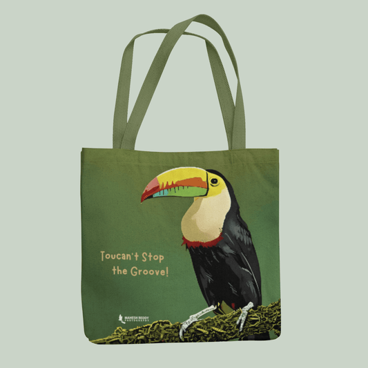 Green Tucktribe tote bag with a toucan design and text on a light green background