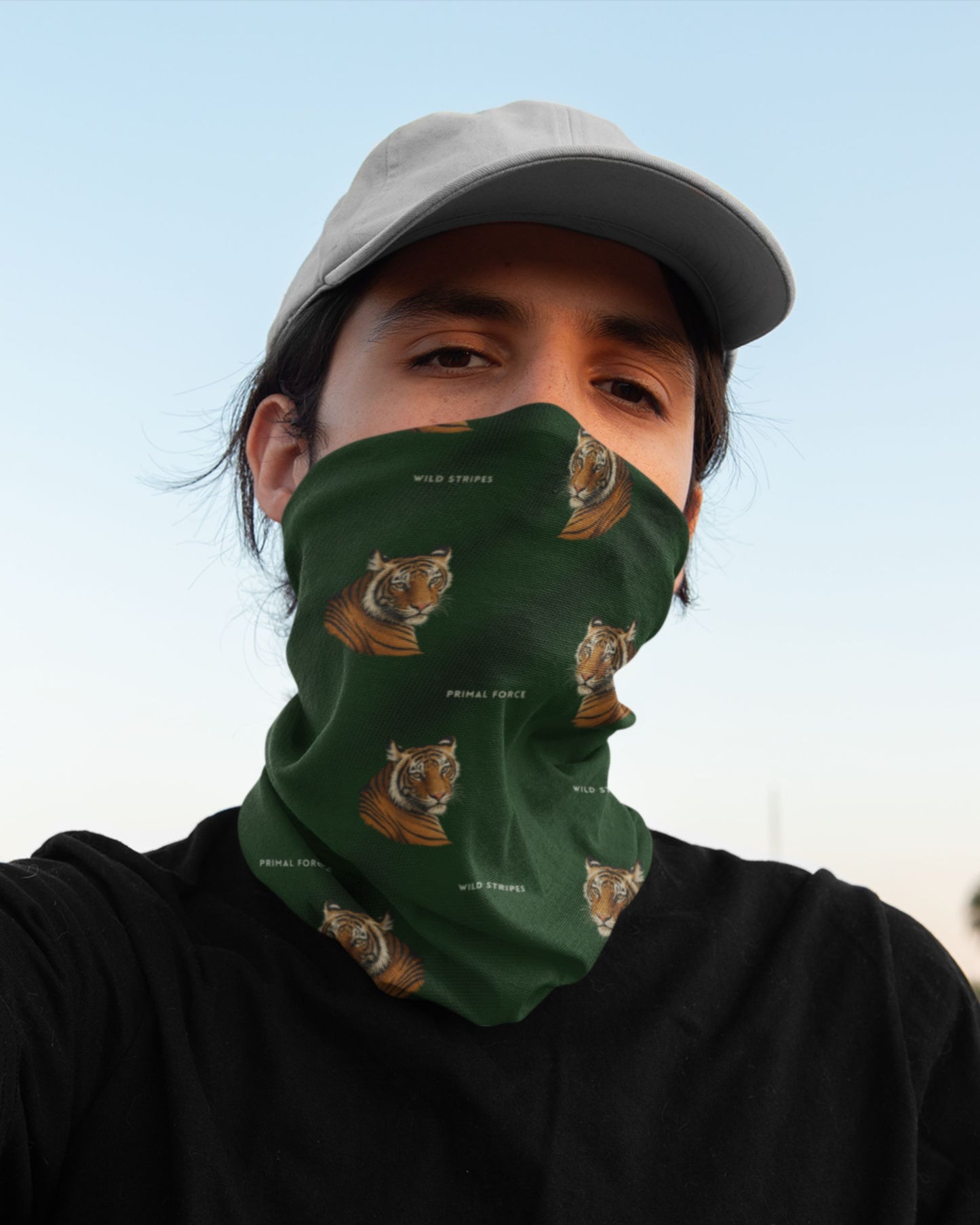 man wearing a tiger wildlife outdoor buff tucktribe