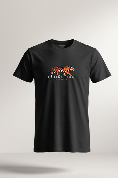 ack cotton t-shirt with a bold graphic print of a walking tiger and the message 'Extinction is Forever' promoting wildlife conservation and endangered species awareness. Unisex eco-friendly tee for animal lovers, activists, and sustainability supporters.