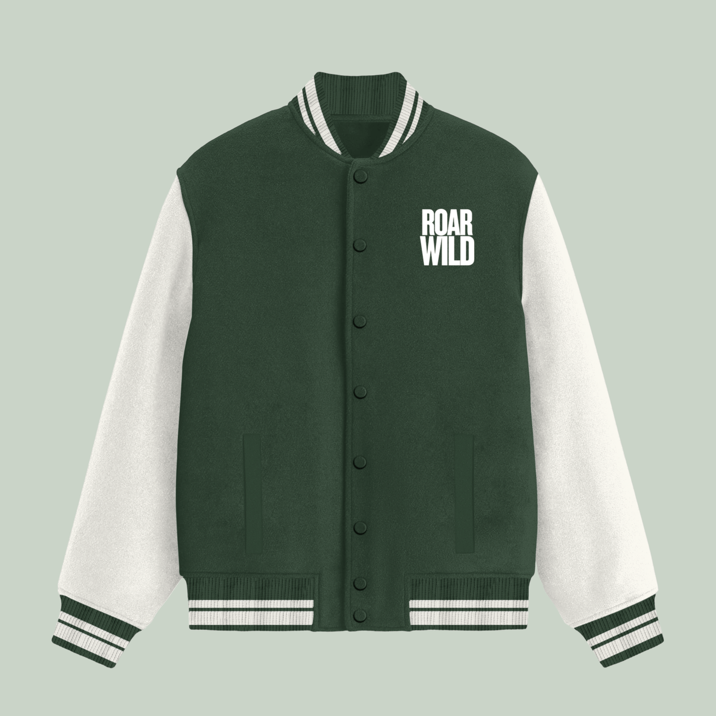 Green colour varsity jacket with text ROARWILD in front left pocket