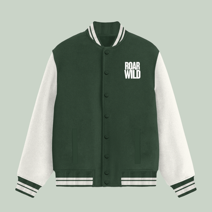 Green colour varsity jacket with text ROARWILD in front left pocket