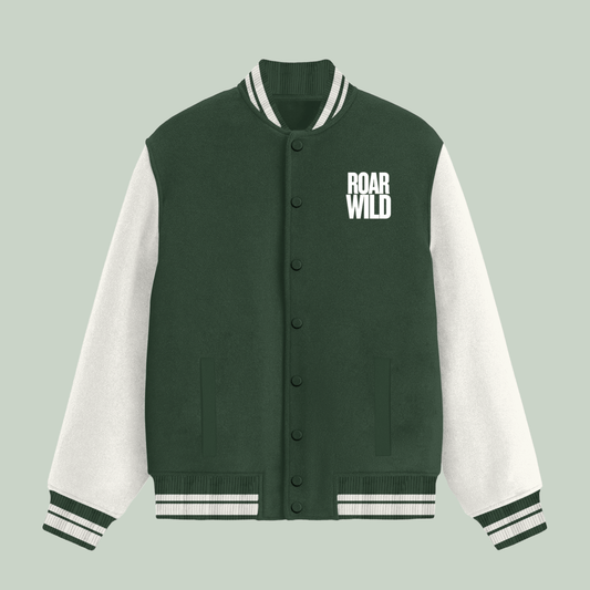 Green colour varsity jacket with text ROARWILD in front left pocket