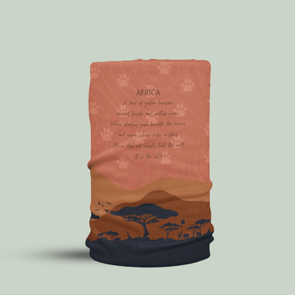 A tubular neck gaiter featuring an African savanna landscape design with a sunset gradient from orange to brown, dark blue silhouettes of trees and animals, and a poem printed on the front.