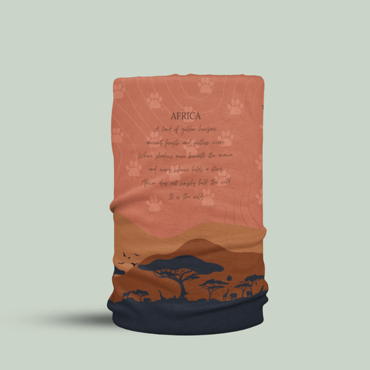 A tubular neck gaiter featuring an African savanna landscape design with a sunset gradient from orange to brown, dark blue silhouettes of trees and animals, and a poem printed on the front.