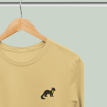 Beige Supima cotton t-shirt with embroidered Nilgiri Marten wildlife design by Tucktribe