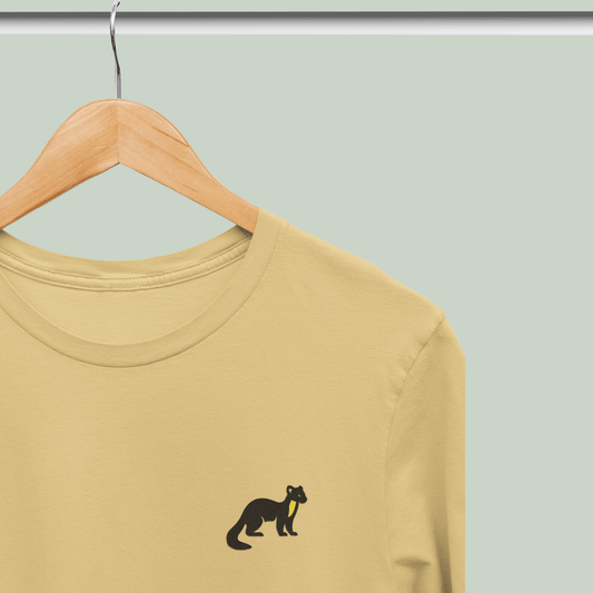 Beige Supima cotton t-shirt with embroidered Nilgiri Marten wildlife design by Tucktribe
