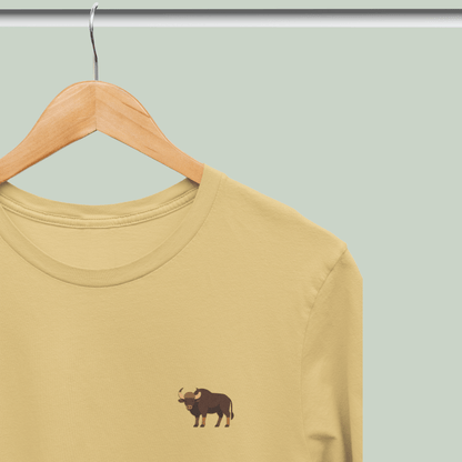 Beige Supima cotton t-shirt with embroidered Indian Gaur wildlife design by Tucktribe