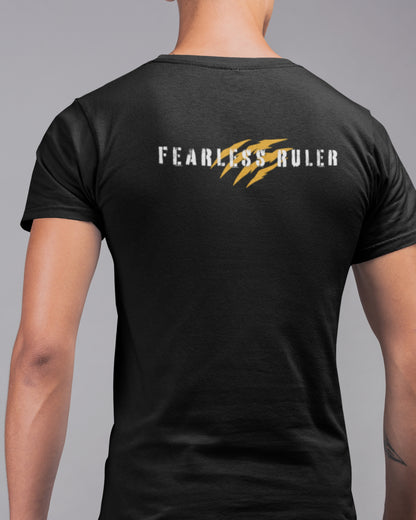 Back view image of a man wearing a black tshirt with text FEARLESS RULER on it